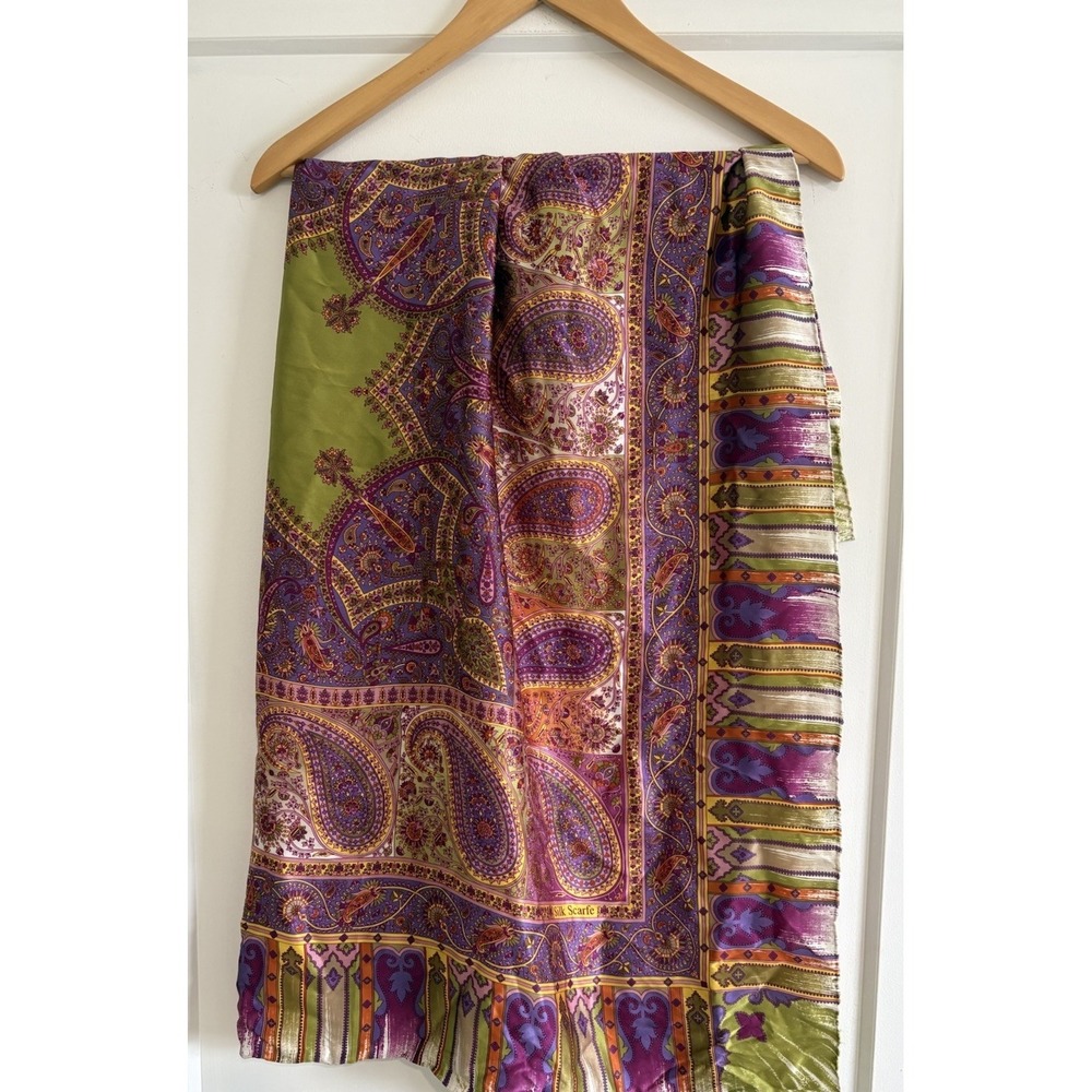 Large 100% Silk Square Radiant Boho Paisley Scarf Purple/Lime 42" *Minor Flaws*